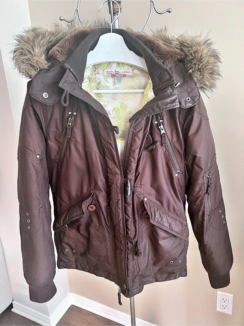Triple Five Soul Brown Fur-Trim Puffer Size Large Like New
